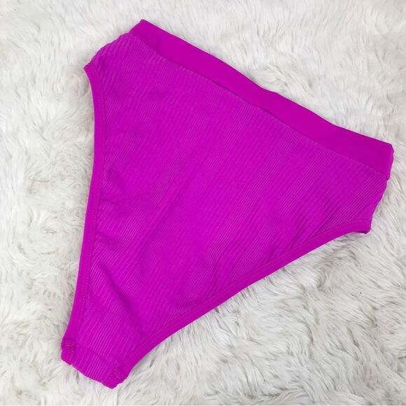 L*SPACE Frenchi Bottom Bitsy Cut High Waist Bikini Ribbed Fuchsia Pink Large New - Picture 4 of 10